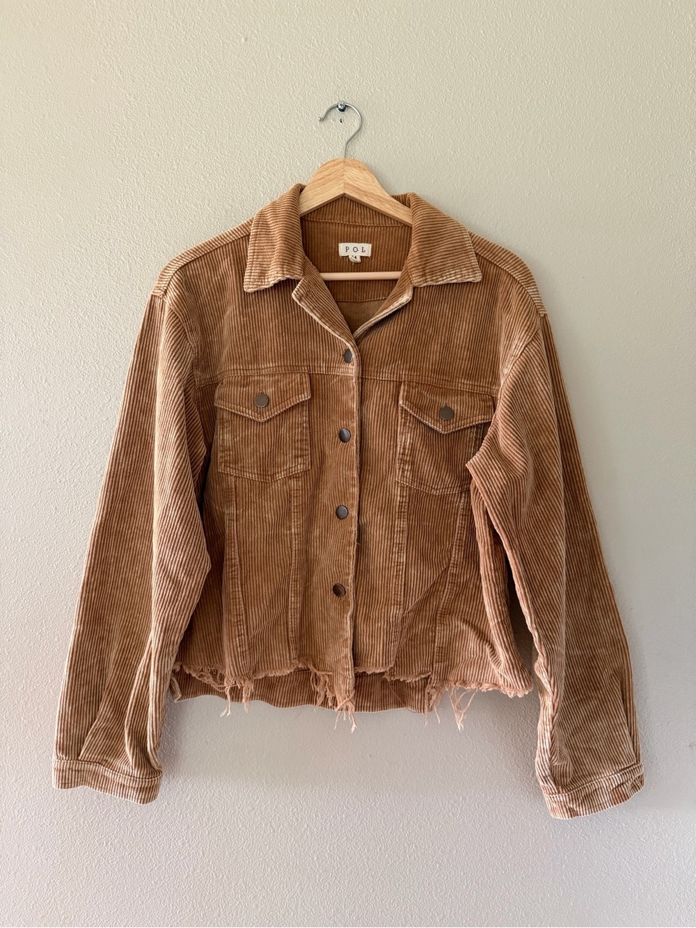 POL Corduroy Trucker Jacket Ribbed Frayed Hem Tan Brown Layering Fall Chic M